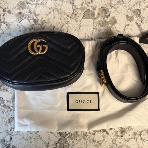 Gucci Handbags - Gucci Black Leather Belt Bag with Gold GG Logo
